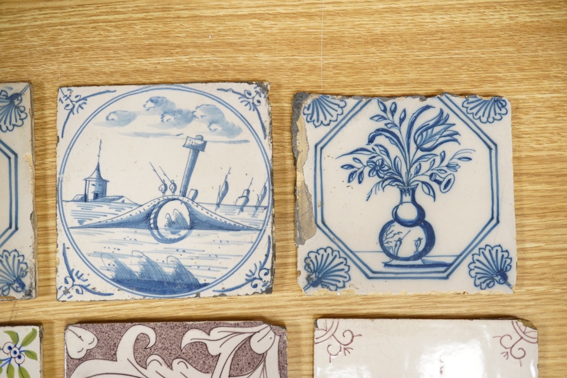 Four 18th century Dutch blue and while tiles, another in manganese and three other tiles 13cm square